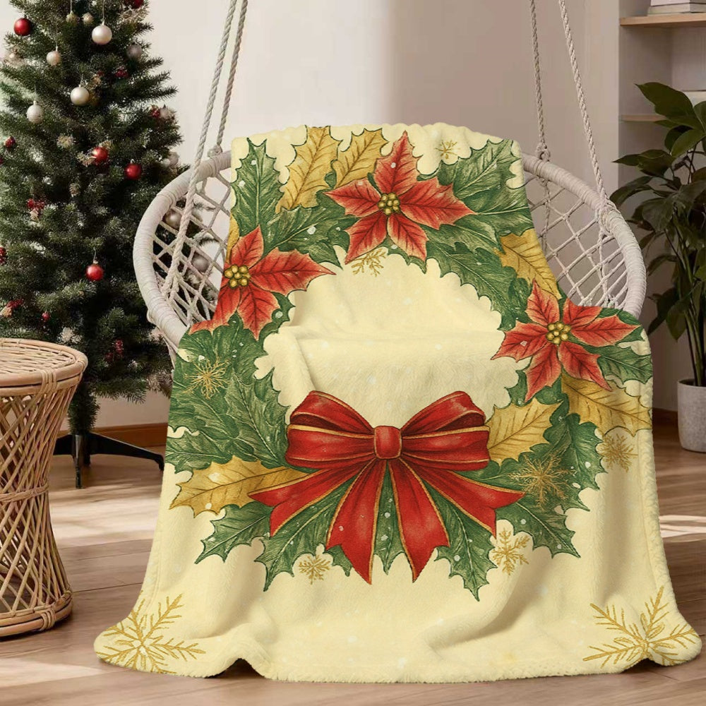 1 Christmas Wreath and Red Ribbon Flannel Blanket, Beige-toned Design, Durable Plush Warm Throw Blanket, Suitable for Bedroom Bed Use, Balcony Leisure, and Seasonal Home Use