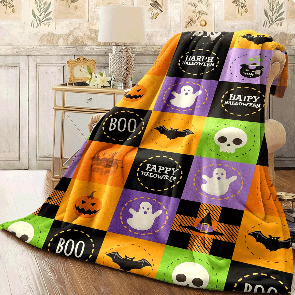 1pc Halloween Pumpkin Pattern Flannel Blanket Vintage Style All-Season Multi-Purpose Throw for Family, Friends, Camping & Travel, 200-250gsm Polyester, Festive Design with Pumpkins, Bats