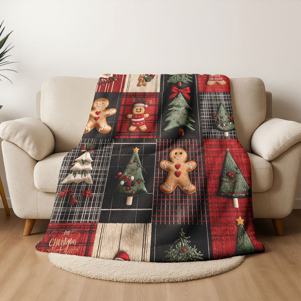 1pc Imitation Embroidered Christmas Tree Bow Gingerbread for Man Piece, Blanket, Delicate Velvet Material Is Soft, Christmas Gift Is Preferred, Long-term Temperature Lock to Resist Autumn and Winter Cold