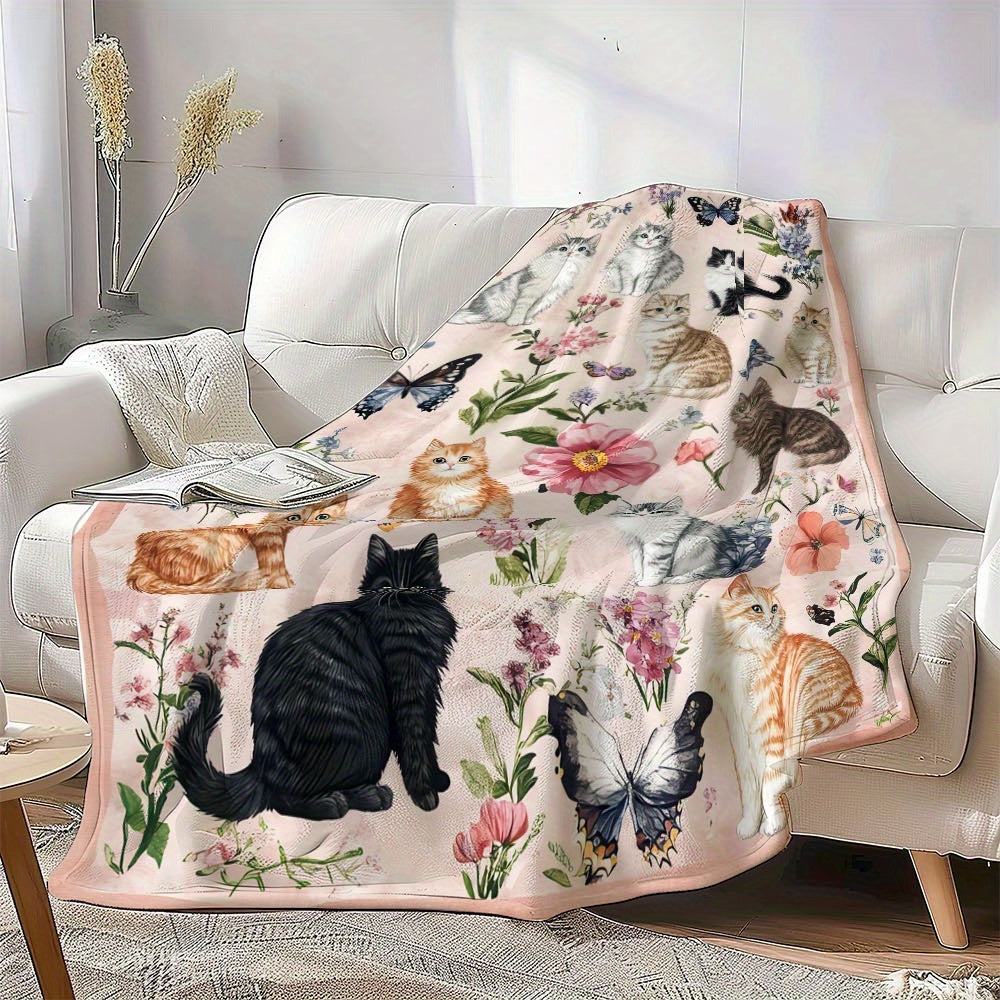 1pc Cozy Soft Fluffy Fleece Throw Blanket with Cute Cats And Floral Design - Light Pink Background, 250-300Gsm Polyester, Perfect for Couch, Sofa, Bed, Living Room - All-Season Comfort, Ideal Gift, Cat