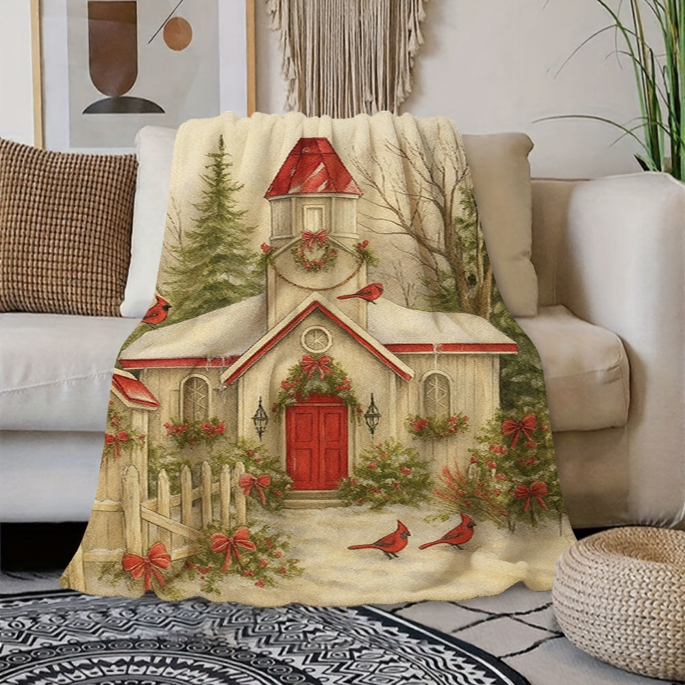 1pc Red Bird and Holly Wreath Christmas Themed Flannel Blanket, Cream White Background with Holiday Decorative Design, Soft Plush Surface for All Seasons, Suitable as a Living Room Sofa Throw, for Reading Time, and Weekend Naps on the Couch