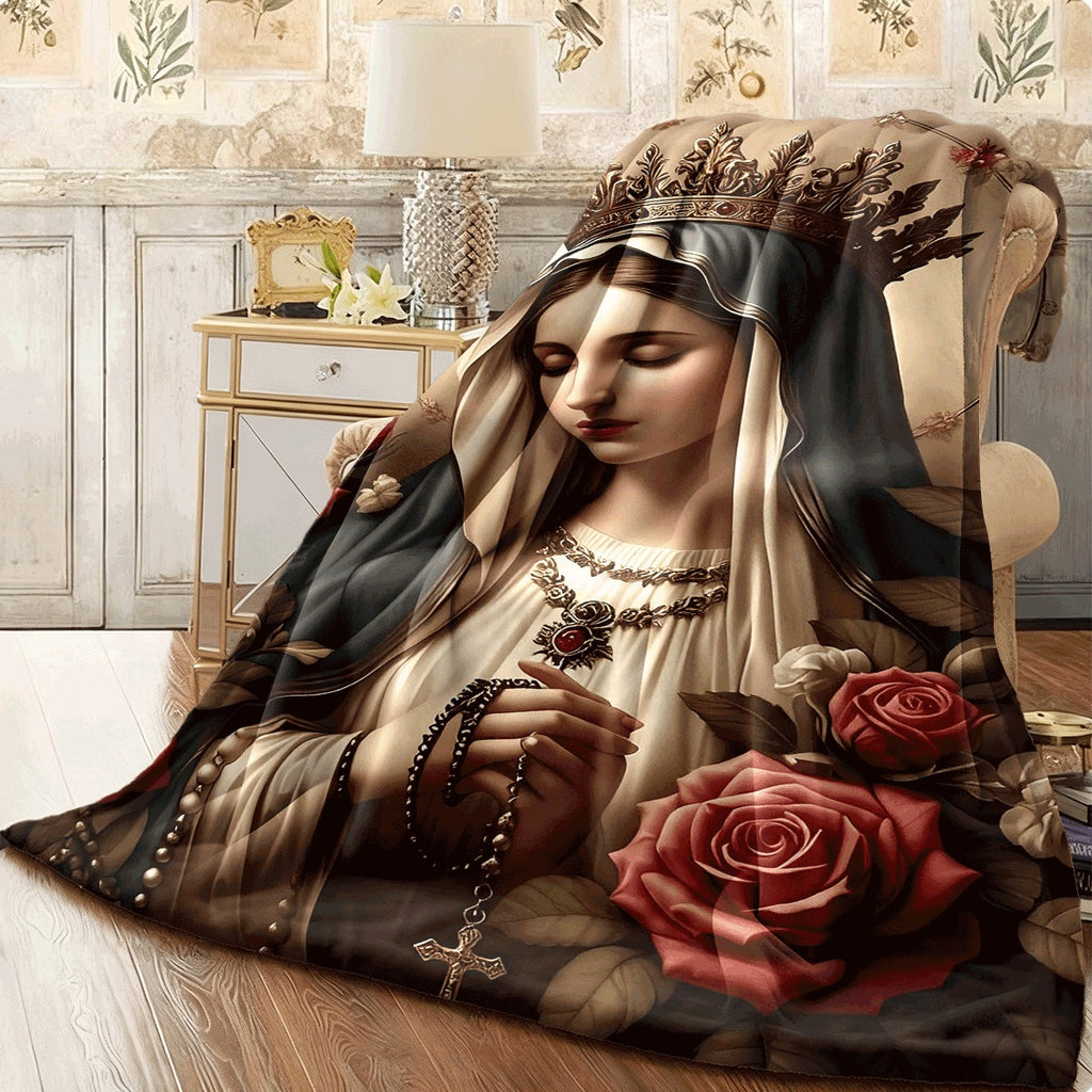 1pc Vintage Religious Virgin Mary Flannel Throw Blanket Soft Cozy with Crown Rosary Red Rose Print for Sofa Catholic Home Decor All-Season Warm Flannel Blanket