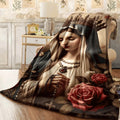 1pc Vintage Religious Virgin Mary Flannel Throw Blanket Soft Cozy with Crown Rosary Red Rose Print for Sofa Catholic Home Decor All-Season Warm Flannel Blanket