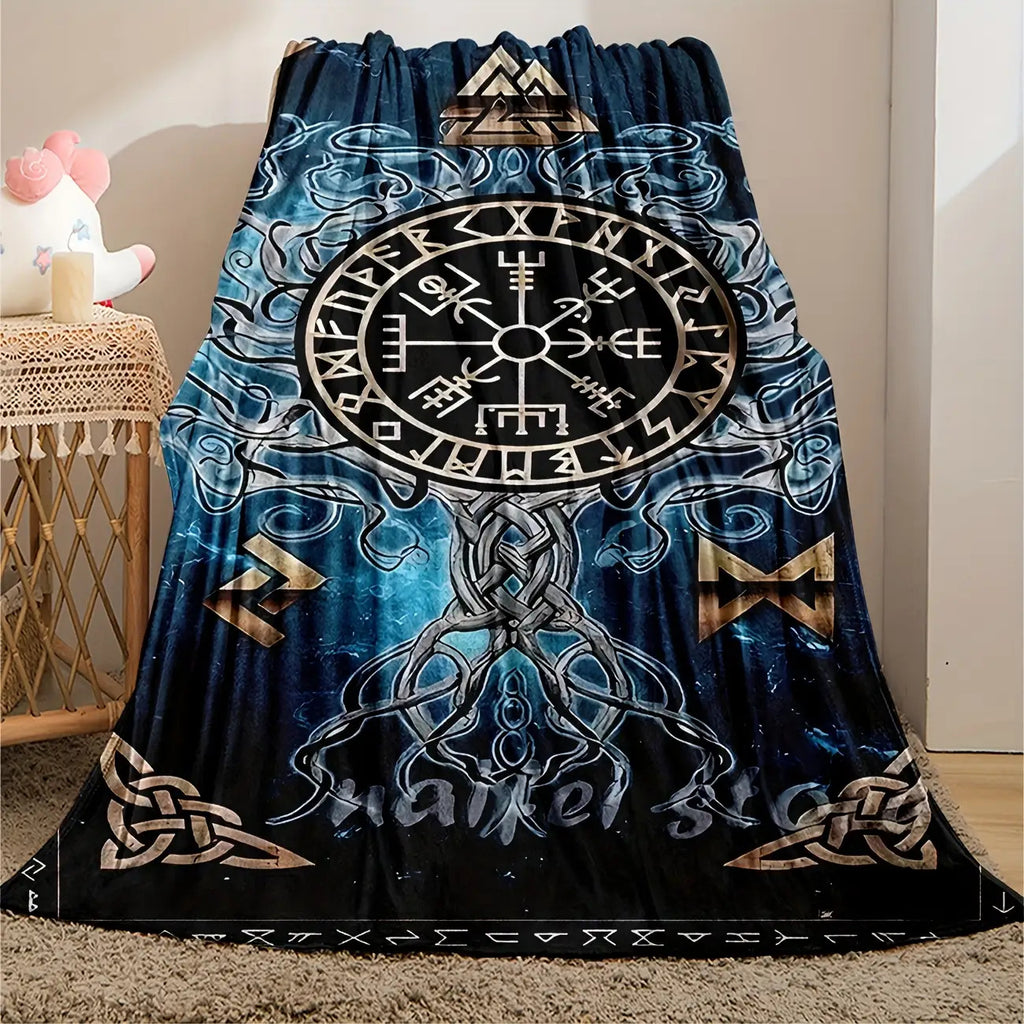 Cozy Viking Norse Flannel Throw Blanket - Celtic Knot & Rune Symbols with Odin's Rune Staff & Valknut - All-Season Soft for Couch,, Travel - Viking-Inspired Gift for & ( Mythology Design)