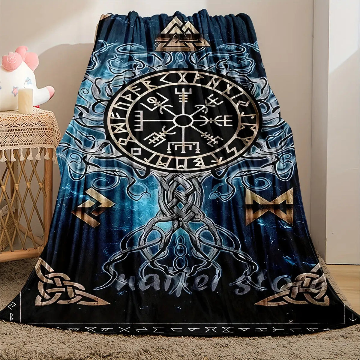 Cozy Viking Norse Flannel Throw Blanket - Celtic Knot & Rune Symbols with Odin's Rune Staff & Valknut - All-Season Soft for Couch,, Travel - Viking-Inspired Gift for & ( Mythology Design)