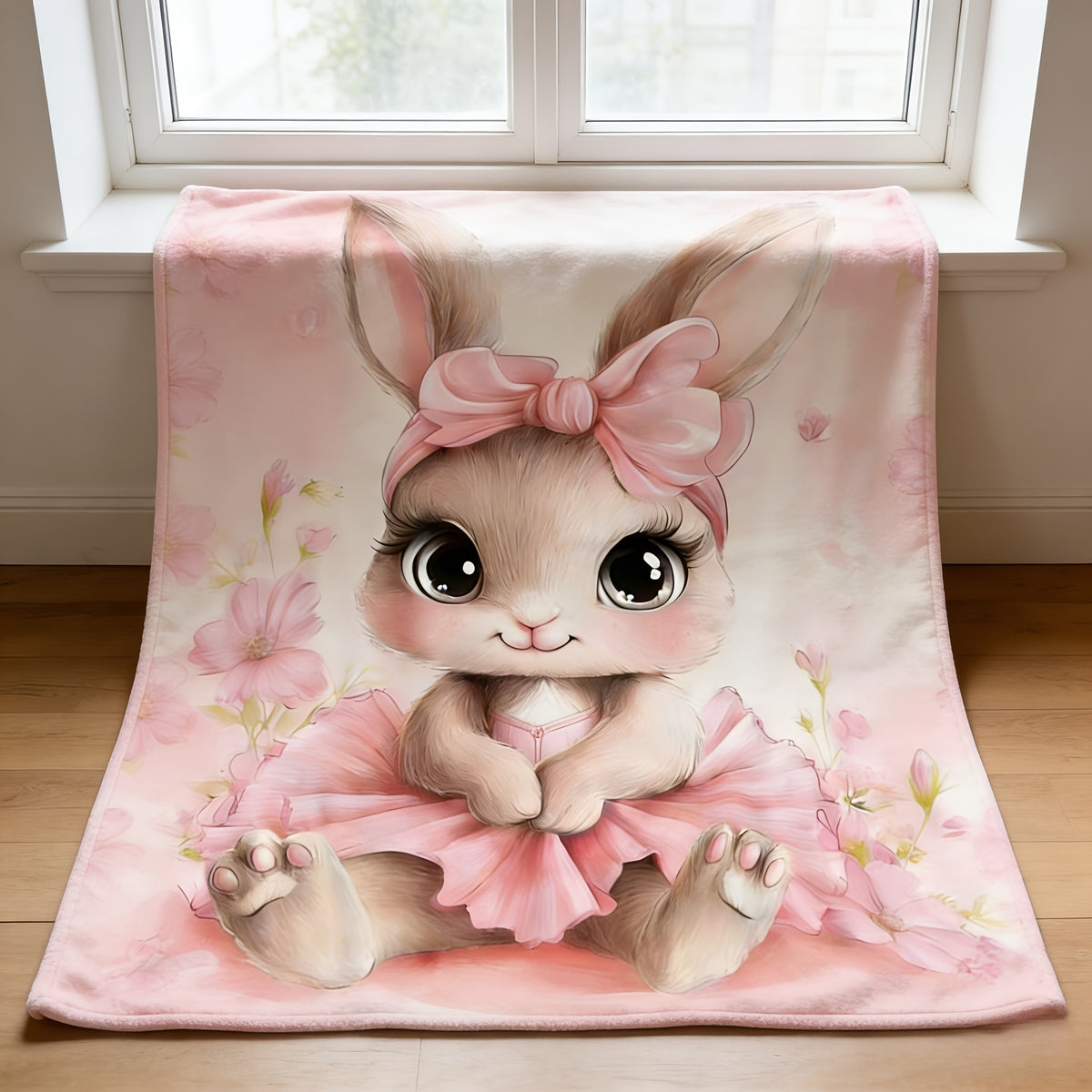 1pc 2D Flat Printing, Cute Rabbit And Flower Blanket, Soft Fleece Blanket - Pink Sweet Design, Multi-Size Available, Suitable for Living Room, Bedroom, Sofa, And Casual Use