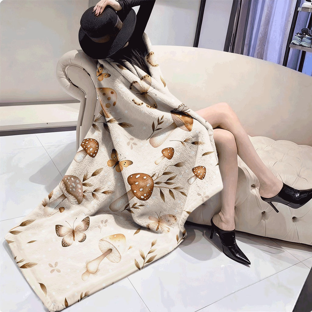 1pc Cozy Easter Mushroom Flannel Throw Blanket Dual-Sided Soft Polyester Digital Print with Vibrant Mushrooms Butterflies & Leaves All-Season Sofa or Cover Easy Care Gift Blanket Cozy