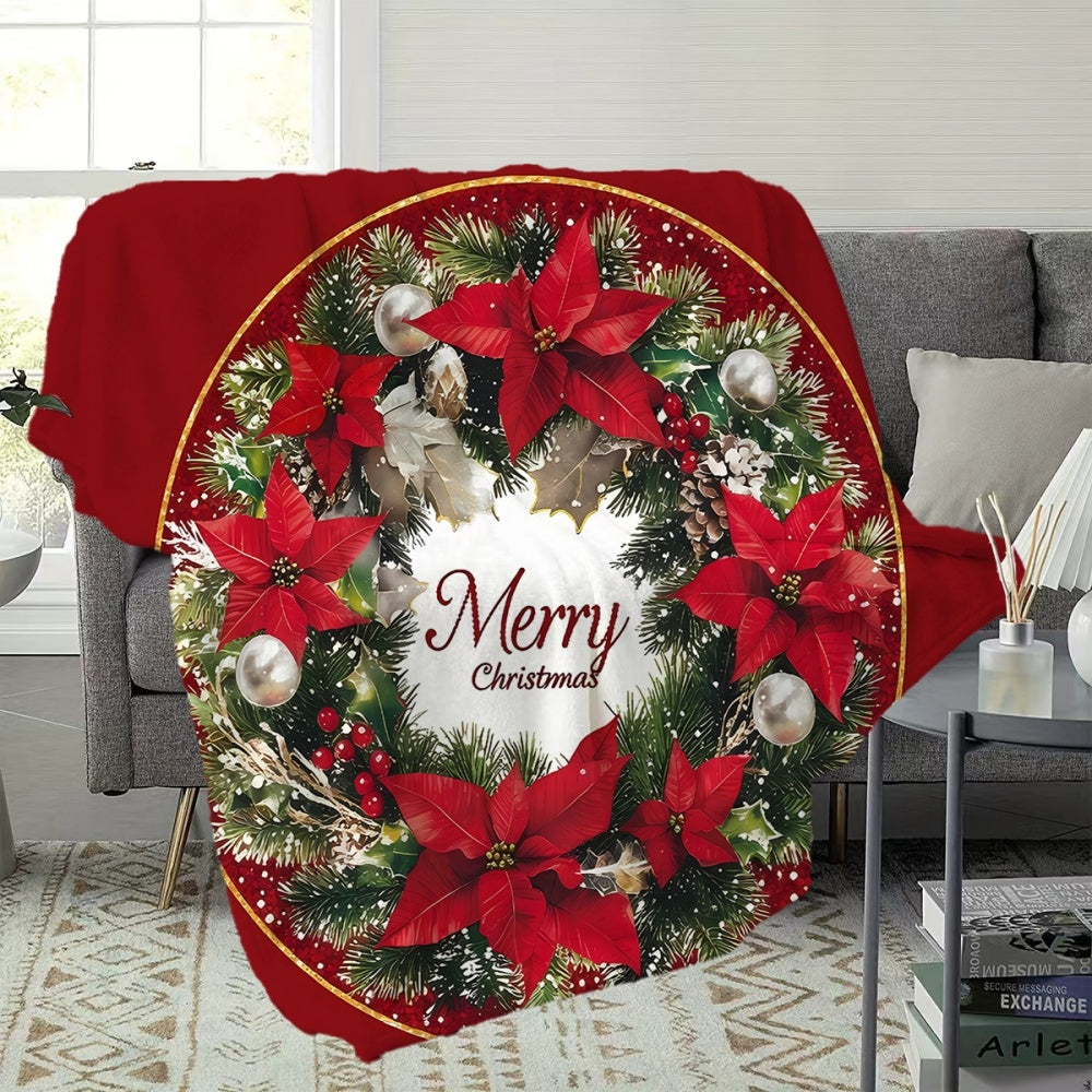 1pc, 1 Christmas Wreath-themed Red Flannel Blanket, Soft, Comfortable, and Warm, with a Festive Design and Durable Plush Surface. A Four-season Universal Sofa Throw and Warm Cover Blanket, Available in Multiple Sizes. Suitable for Living Room Sofas