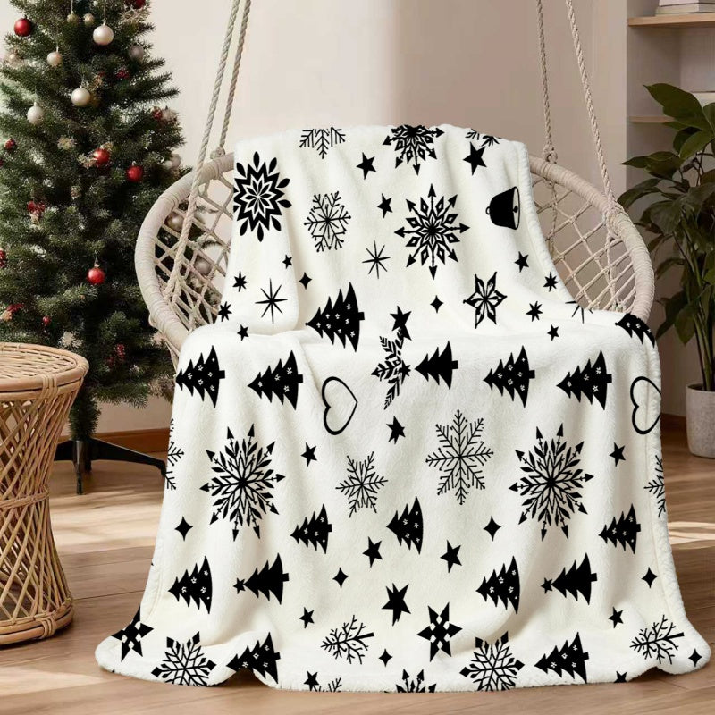 1pc 2D Flat-printed Christmas Black and White Snowflake and Pine Tree Flannel Blanket¡ªsoft Flannel Throw with a Simple Black and White Design, Available in Multiple Sizes, Suitable for Living Rooms, Bedrooms, Sofas, and Reading Areas, 2D Flat