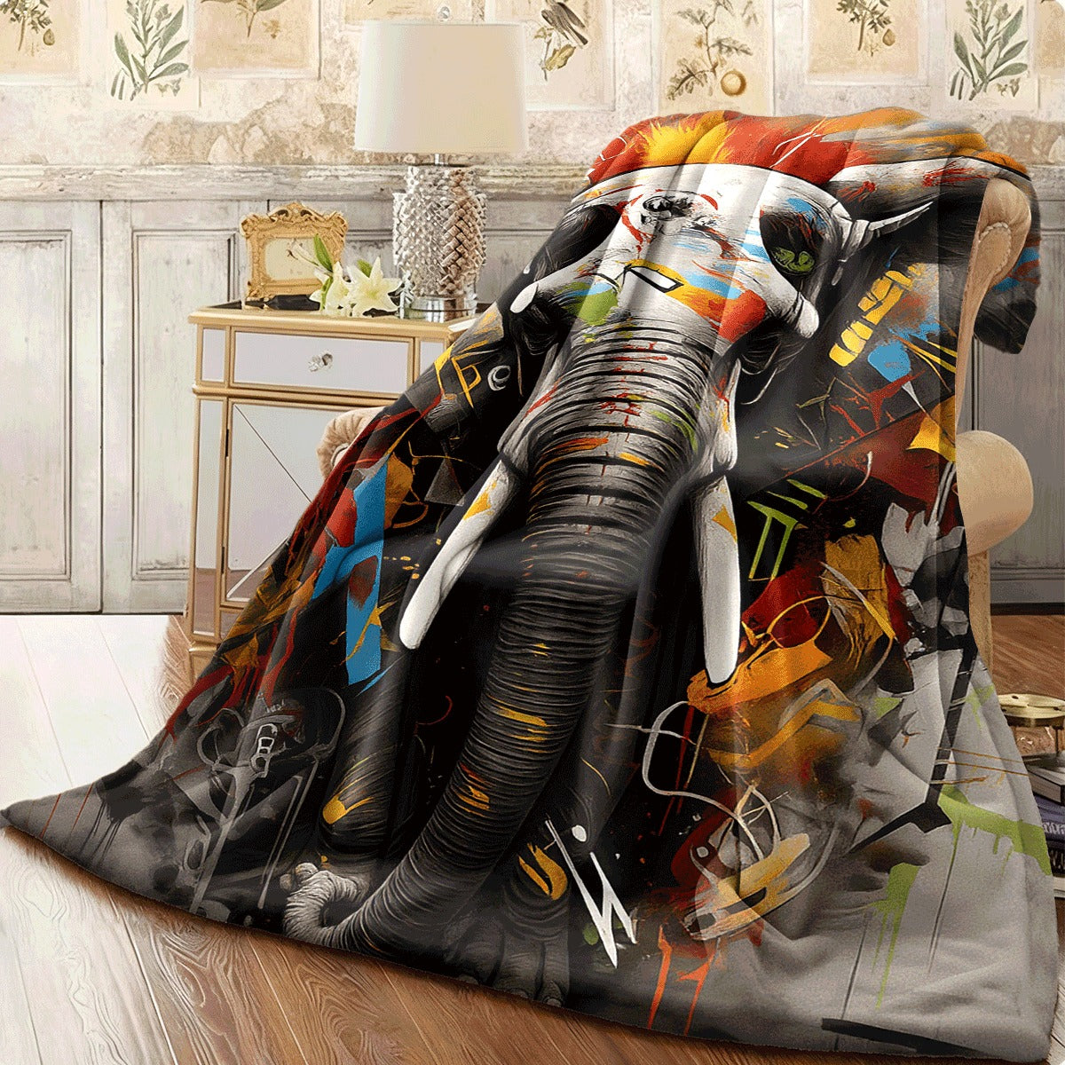 1pc Cozy Street Graffiti Elephants Print Blanket Lightweight Flannel Throw for Sofa Travel Camping Livingroom Office Couch Chair And Digital Printing Fleece Blanket with Soft