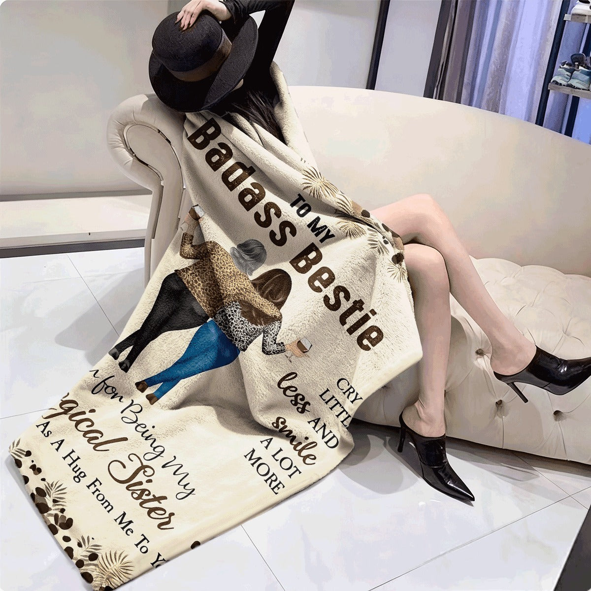 1pc Best Friend Gift Badass Bestie Message Blanket with BFF Quotes Ultra-Soft Quilted Flannel Throw for All-Season Cozy Spread for Home Travel Camping & Pets Natural Wood Tone & Female Ico