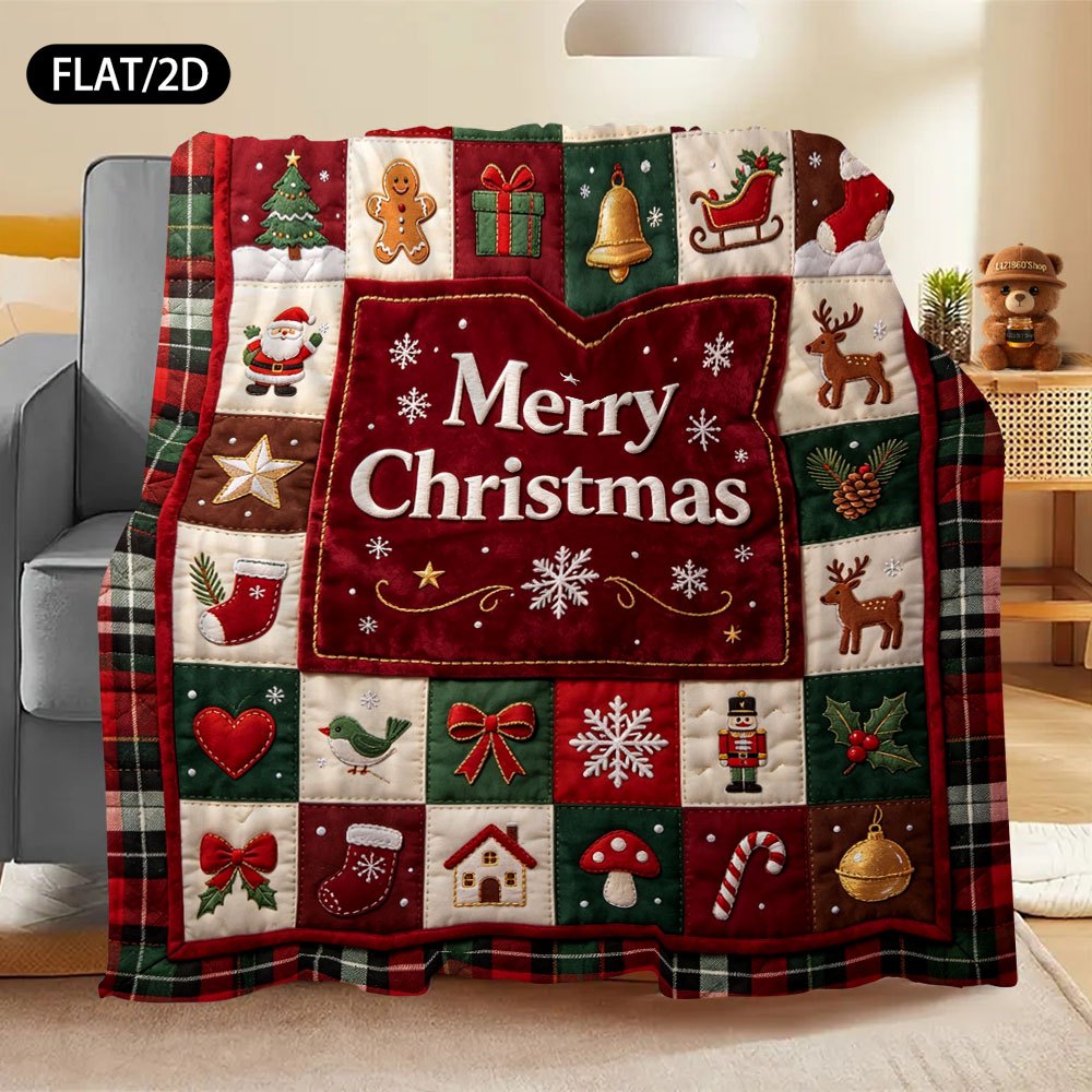 Flat/2D Digital Printing Flannel Blanket Cover Blanket, Retro Country Style Christmas Grid Patchwork Snowman Gingerbread Man Santa Claus Elk Bell Christmas Tree Pattern, Soft, Comfortable And Warm Skin-Friendly, Suitable for Bedroom