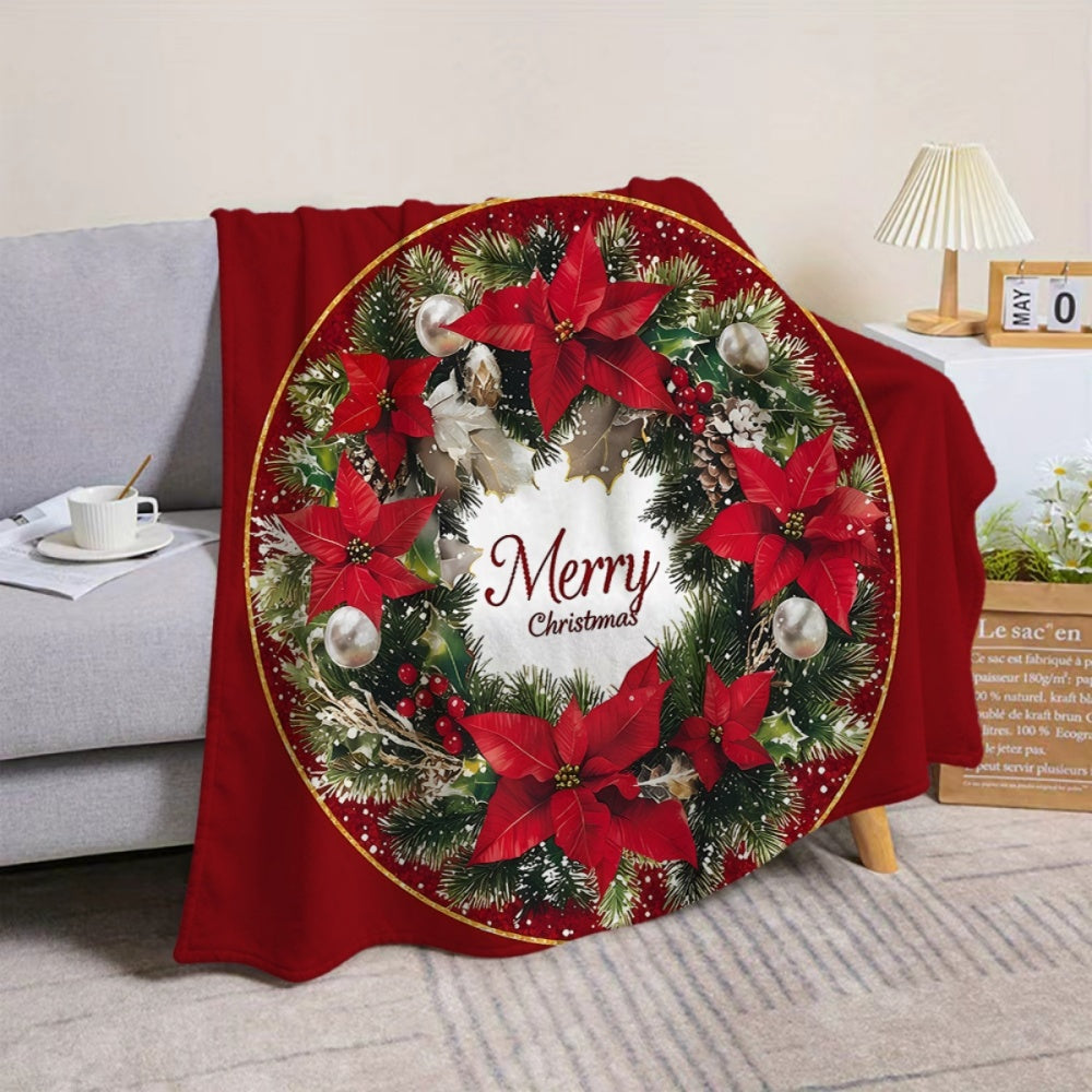 1pc, 1 Christmas Wreath-themed Red Flannel Blanket, Soft, Comfortable, and Warm, with a Festive Design and Durable Plush Surface. A Four-season Universal Sofa Throw and Warm Cover Blanket, Available in Multiple Sizes. Suitable for Living Room Sofas