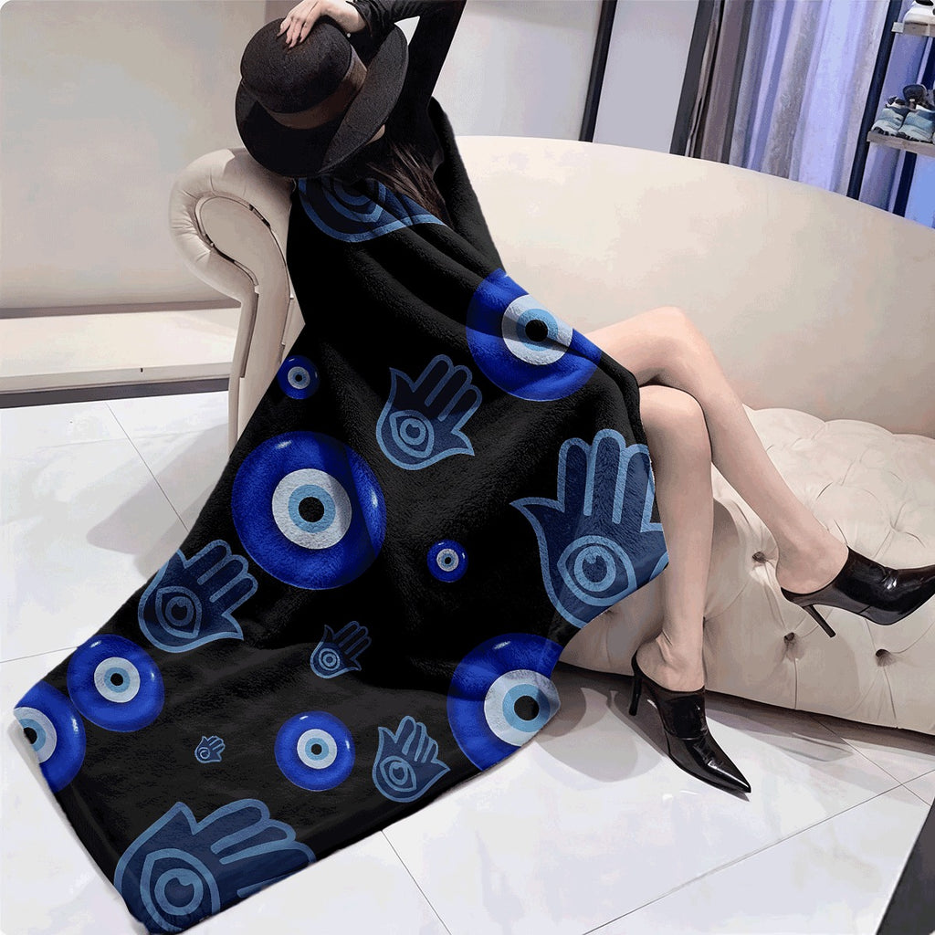 1pc Soft Flannel Throw Blanket Black Background with Blue Hamsa Hand And Evil Eye Pattern Cozy Warm Decorative Blanket for Sofa All-Season Comfort Machine Washable