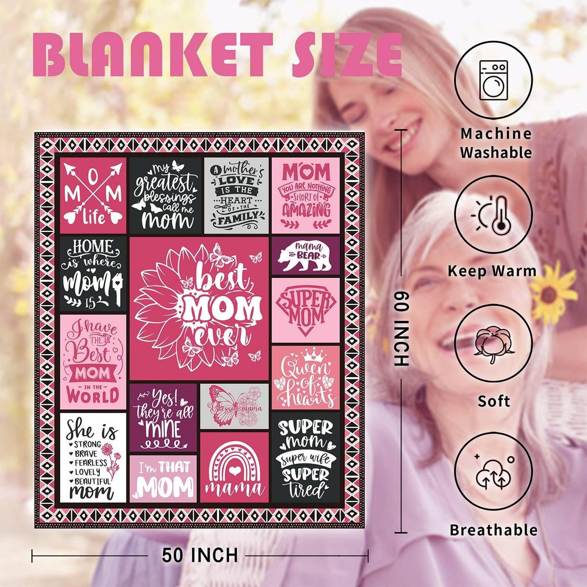 Best Mom Ever Blanket Gifts for Christmas Day, 60X50 Mom from Daughter Son, Warm Soft Throw Blanket, Christmas, Valentine's Day
