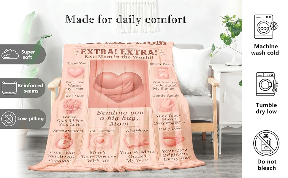 Mom Blanket Gifts- Cozy Flannel Throw Blanket 60x50 for Birthday Gifts, Thoughtful Gifts from Daughter or Son, Warm Hug Blanket with Sweet Message for Best Mom Ever