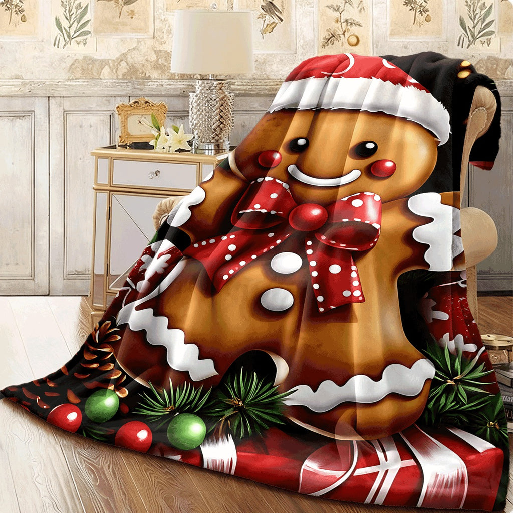 1pc Festive Gingerbread Man Santa Hat Christmas Flannel Blanket Soft Warm for Couch Bed Holiday Decor with Gifts & Greenery Xmas Throw