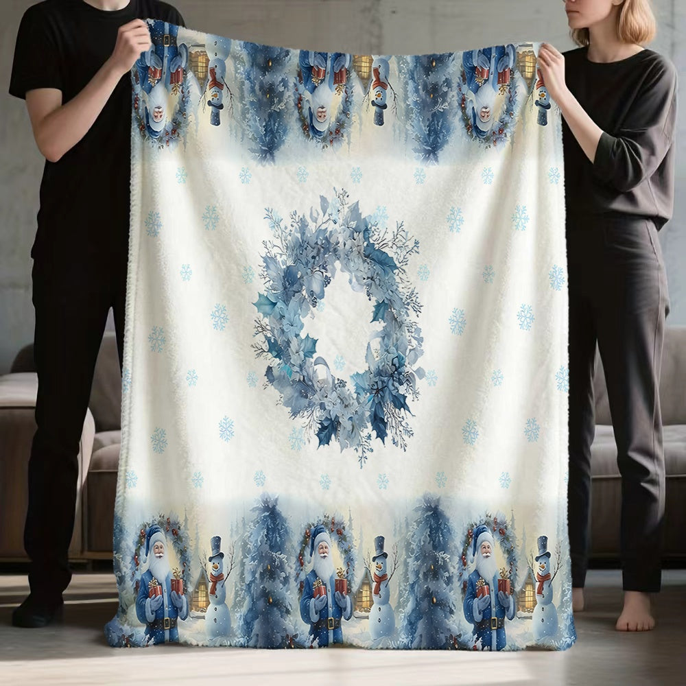 1pc Santa Claus And Snowman Blue Wreath Pattern Flannel Blanket, Soft Comfortable Warm, Blue And White Design, All-Season Blanket, Warm Cover, Multiple Sizes Available, Suitable for Living Room Sofa, Bedroom, Office Rest, Holiday Decor