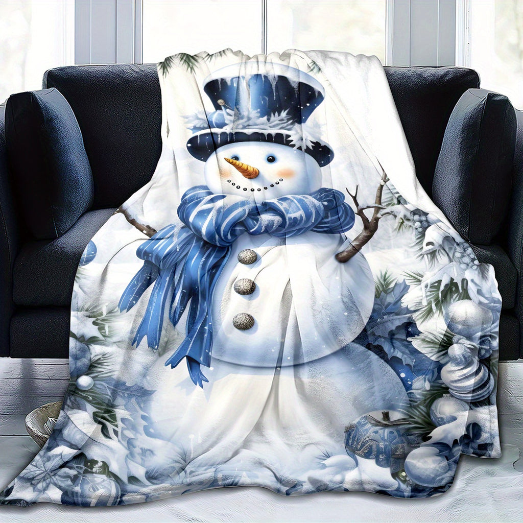 1pc Snowman And Blue White Christmas Decor Pattern Flannel Oversized Blanket, Blue White Main Color Design, Multi-Size Full-Body Blanket, Christmas Winter Decor, Durable Plush, All-Season Use, Suitable for Holiday Home Decor, Reading Time