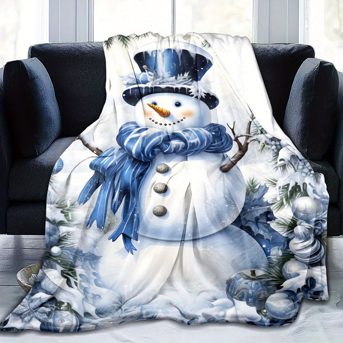 1pc Snowman And Blue White Christmas Decor Pattern Flannel Oversized Blanket, Blue White Main Color Design, Multi-Size Full-Body Blanket, Christmas Winter Decor, Durable Plush, All-Season Use, Suitable for Holiday Home Decor, Reading Time