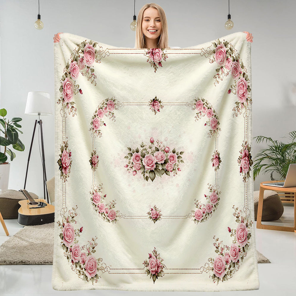 1pc Pink Rose Border Pattern Blanket, Vintage Style Design, Soft Plush Surface, Lightweight and Durable Flannel Material, Multiple Sizes Available, Perfect for Holiday Gatherings, Living Room Lounging, Bedroom Warmth, Study Reading, Seasonal Home