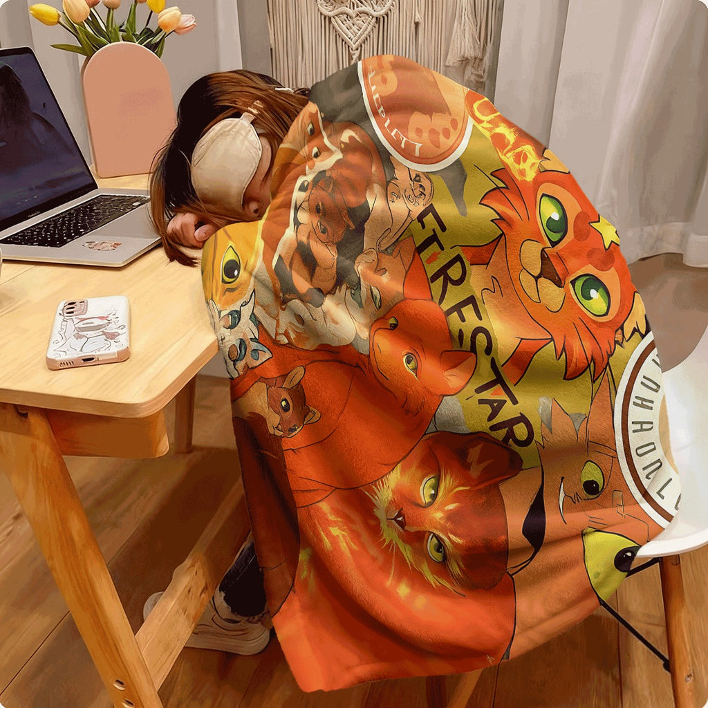 1pc Flannel Blanket Ultra-Soft Throw with for warrior Cats Firestar Theme Vibrant Cat Illustrations Cozy Warm Fabric for Sofa Perfect Gift for Warrior Cats Fans