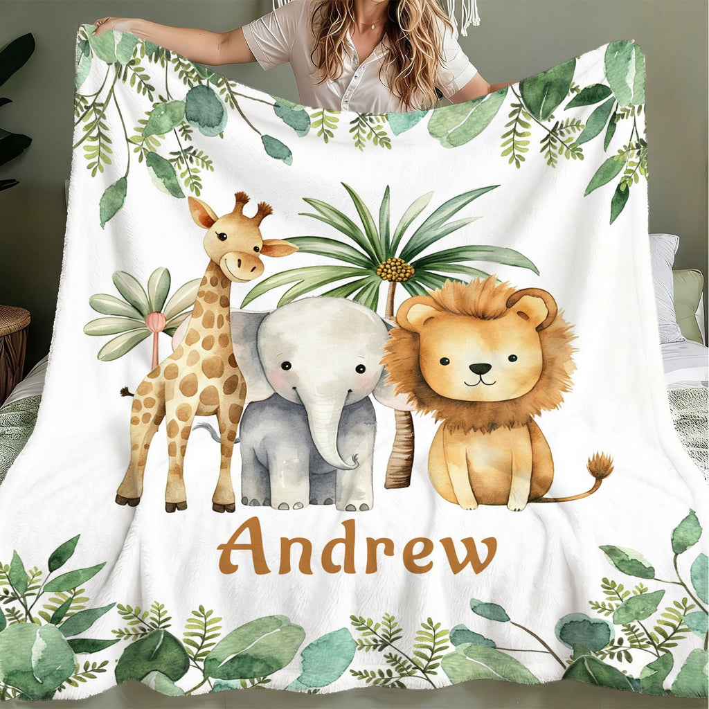 Personalized Custom Name Blanket, Cartoon Zoo Pattern Fleece Blanket, Gift for Outdoor Enthusiasts, All-Season Plush Blanket, Suitable for Home And Travel, Comfortable Personalized Blanket, Ideal Holiday Gift for Family And Friends