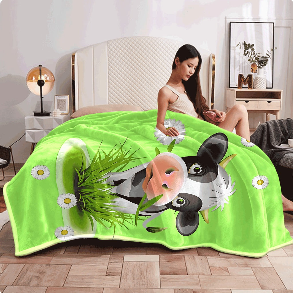 1pc Flannel Blanket Cartoon Calf Printed Green Blanket Warm Cozy Soft Blanket for Couch Sofa Car Office Camping Travelling