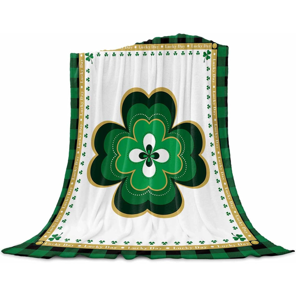 Flannel Blanket | St. Patrick'S Day Green Clovers Black Plaid Thin Soft Warm Cozy Throw for Home Sofa Travel Camping Couch Picnic Lucky Shamrock Farm Leaf 40x50in