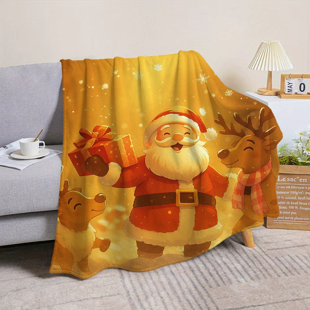 1pc Santa And Reindeer Flannel Blanket, Golden Warm-Toned Design, Durable Plush Warm Throw, Suitable for Office Nap, Weekend Sofa Relaxation, Seasonal Home Use