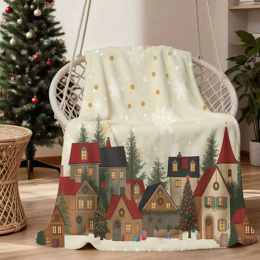 1pc Christmas Snowy Cottage Flannel Blanket, Soft Comfortable Warm, Beige And Golden Design, All-Season Sofa Blanket, Warm Cover, Multiple Sizes Available, Suitable for Living Room Sofa, Bedroom, Reading Corner, Leisure Time, And Holiday Decor