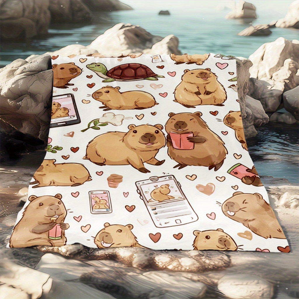 1pc Cute Capybara Patterned Blanket, Cartoon Design, Soft Plush, Flannel Material Lightweight And Durable, Multiple Sizes Available, Ideal for Christmas Holiday Decor And Gifting, Living Room Leisure, Bedroom Warmth, Office Nap
