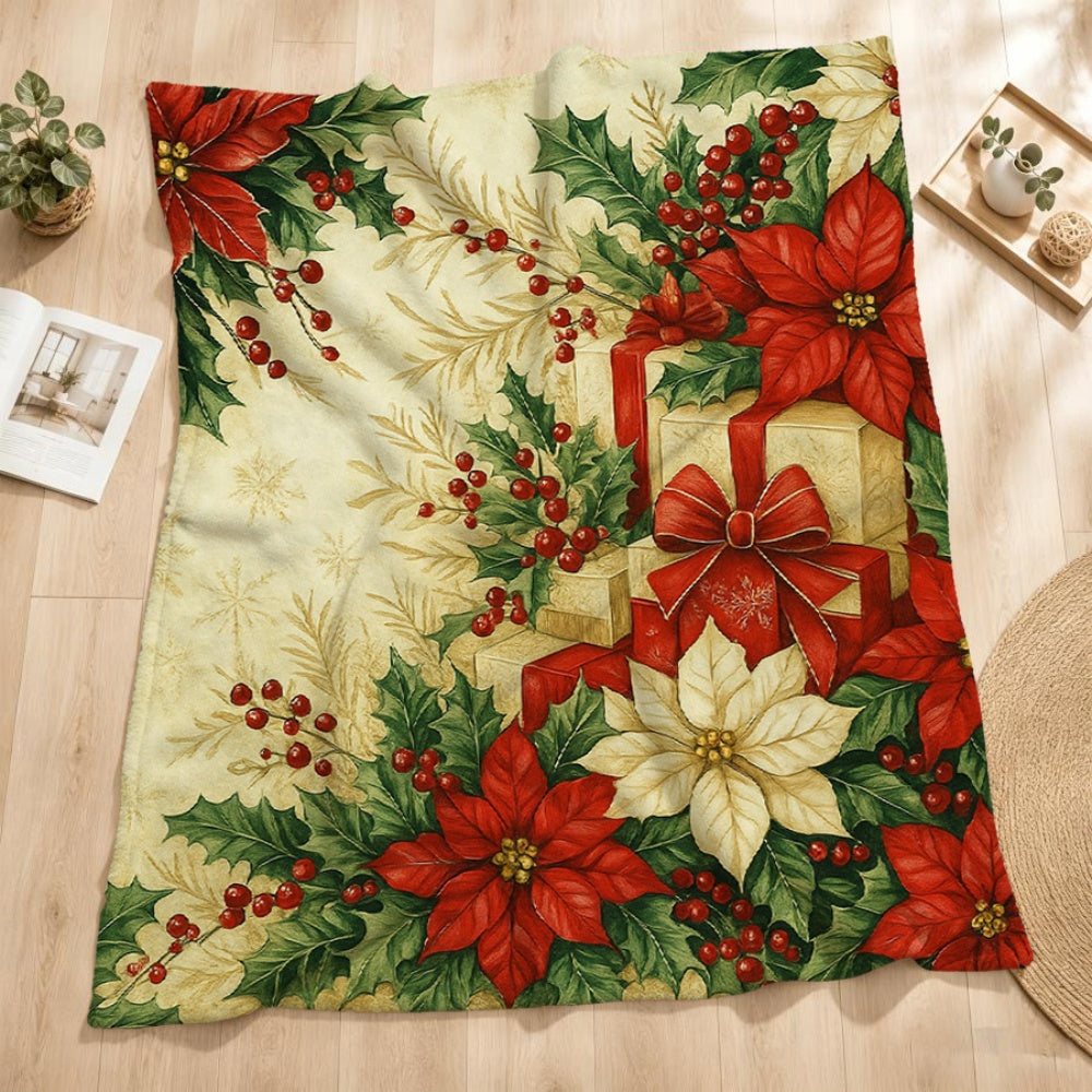 1pc Christmas Red And White Floral And Gift Box Pattern Cream-Colored Flannel Blanket, Christmas Winter Body Blanket, Soft Plush All-Season, Suitable for Weekend Sofa Naps, Home Afternoon Rest, And Movie Entertainment