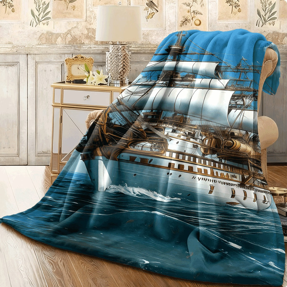 1pc Vintage Pirate Ship Flannel Throw Blanket Soft Warm and Cozy with Nautical Design Perfect for Sofa or Office Ideal Gift for Friends and Family Digital Print Polyester All-Seas