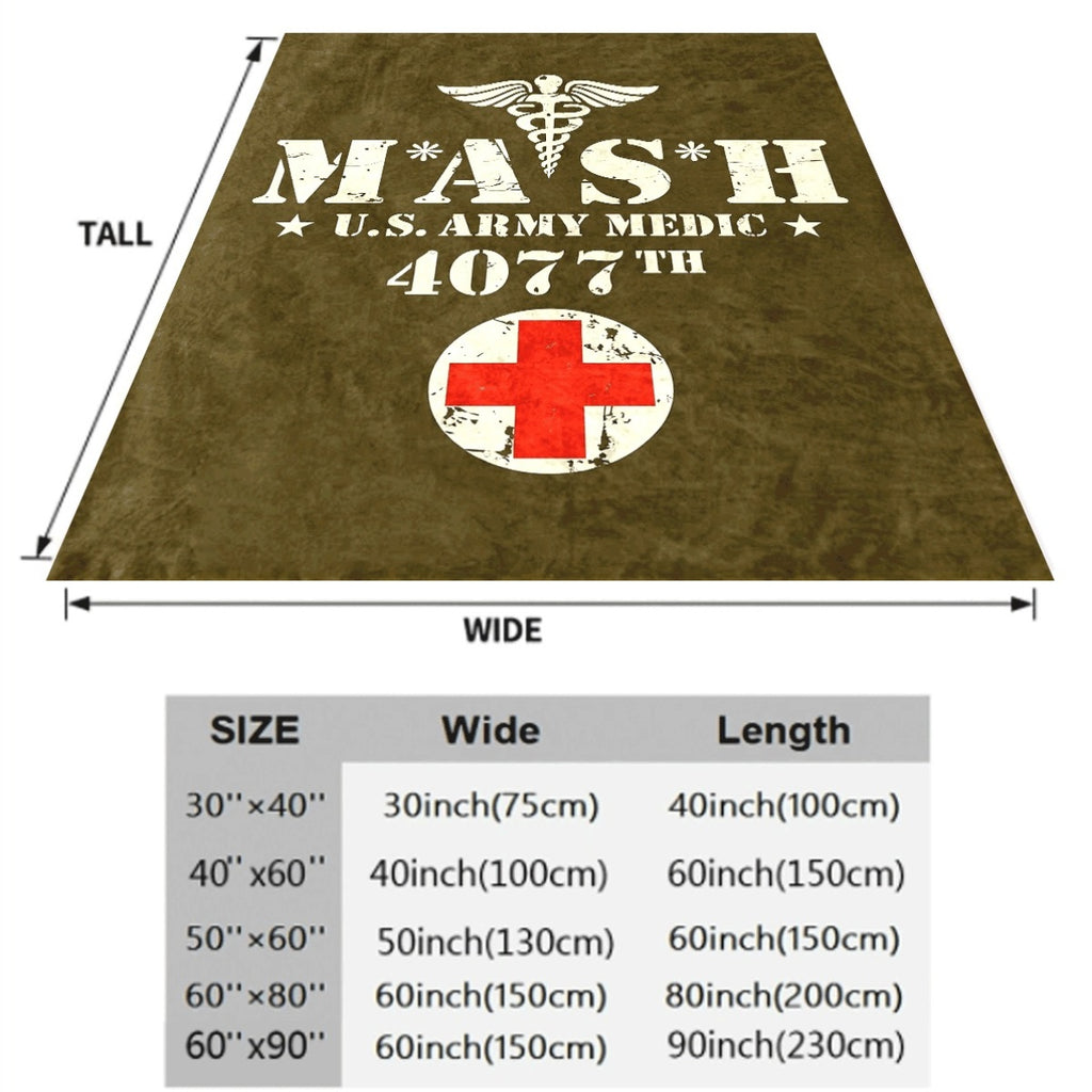 1pc Vintage MASH US Army Medical 4077 Design Flannel Blanket with Caduceus And Red Cross Patterns