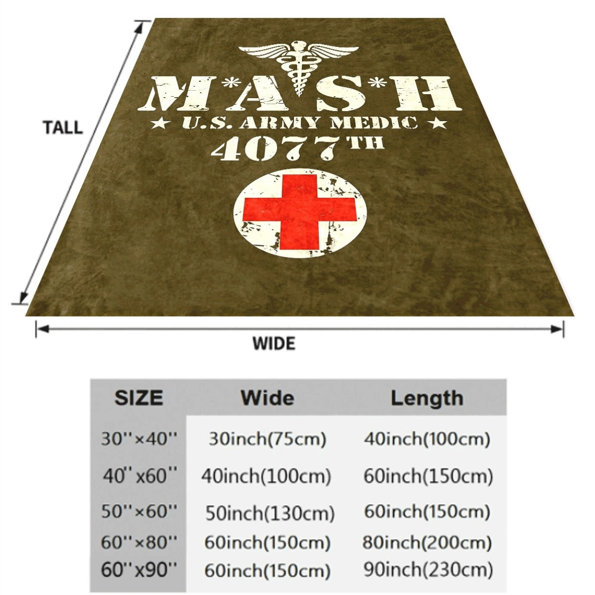 1pc Vintage MASH US Army Medical 4077 Design Flannel Blanket with Caduceus And Red Cross Patterns