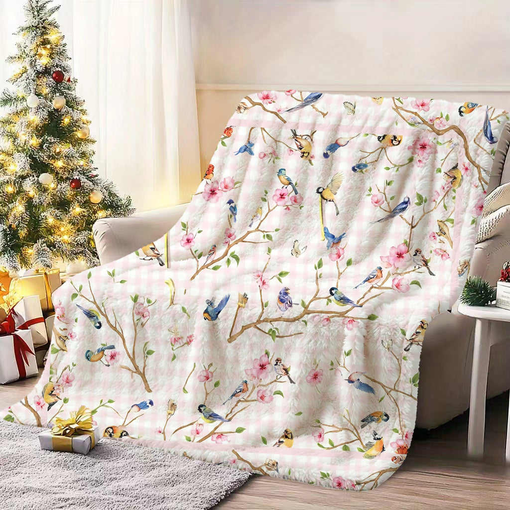 1pc Floral and Bird Pattern Blanket, Rustic Style Design, Soft Plush Surface, Lightweight and Durable Flannel Material, Multiple Sizes Available, Ideal for Holiday Gatherings, Living Room Lounging, Bedroom Sleep, Study Reading, and Seasonal Home