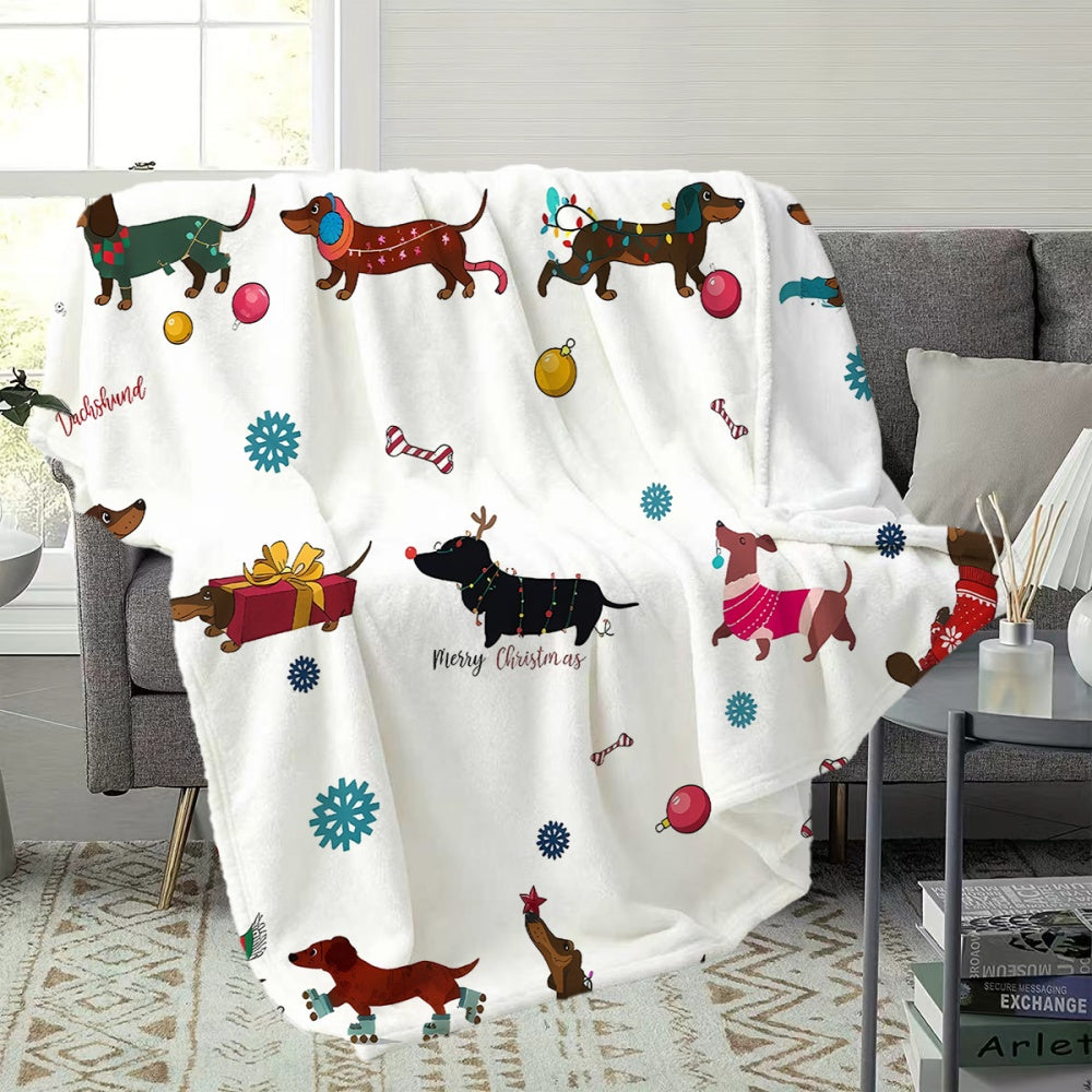 1pc Christmas Sausage Dog Pattern Flannel Blanket, Soft Comfortable Warm, White Festive Design, All-Season Sofa Blanket, Warm Throw Blanket, Multiple Sizes Available, Suitable for Living Room Sofa, Bedroom, Reading Corner, Leisure Time