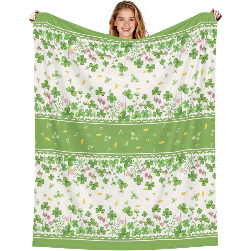 Green Shamrock Floral Throw Blanket | Lucky Green Clovers Golden Coin Farmhouse Decor Flannel Blanket 50x60 Inch Soft Sofa Fuzzy Warm and Cozy Throws for St Patricks Day Spring Couch and Gift