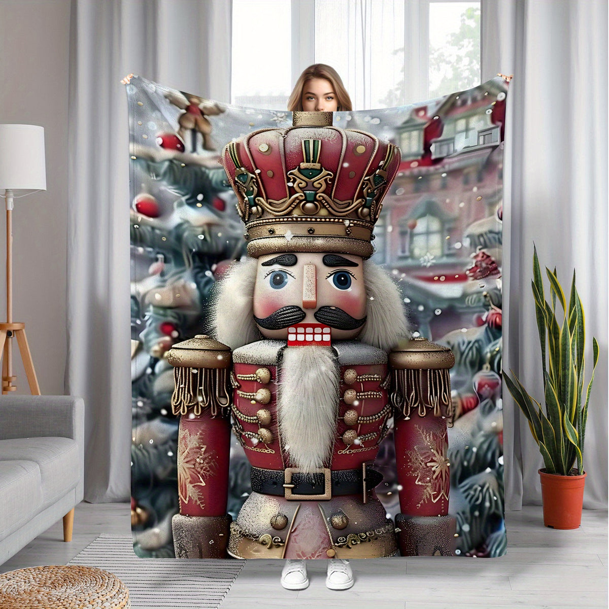1pc Christmas Nutcracker Themed Red Flannel Large Blanket, for Holiday Home Decor, Weekend Sofa Naps, Living Room Couch Throw