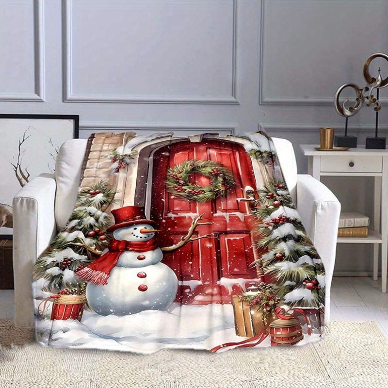 1pc Snow Christmas Door Pattern Blanket, Red Door Print Design, Body Cover Blanket, Soft Fleece Plush Surface, Lightweight And Durable, Multiple Sizes Available, Suitable for Christmas Decoration, Outdoor Courtyard, Living Room Sofa