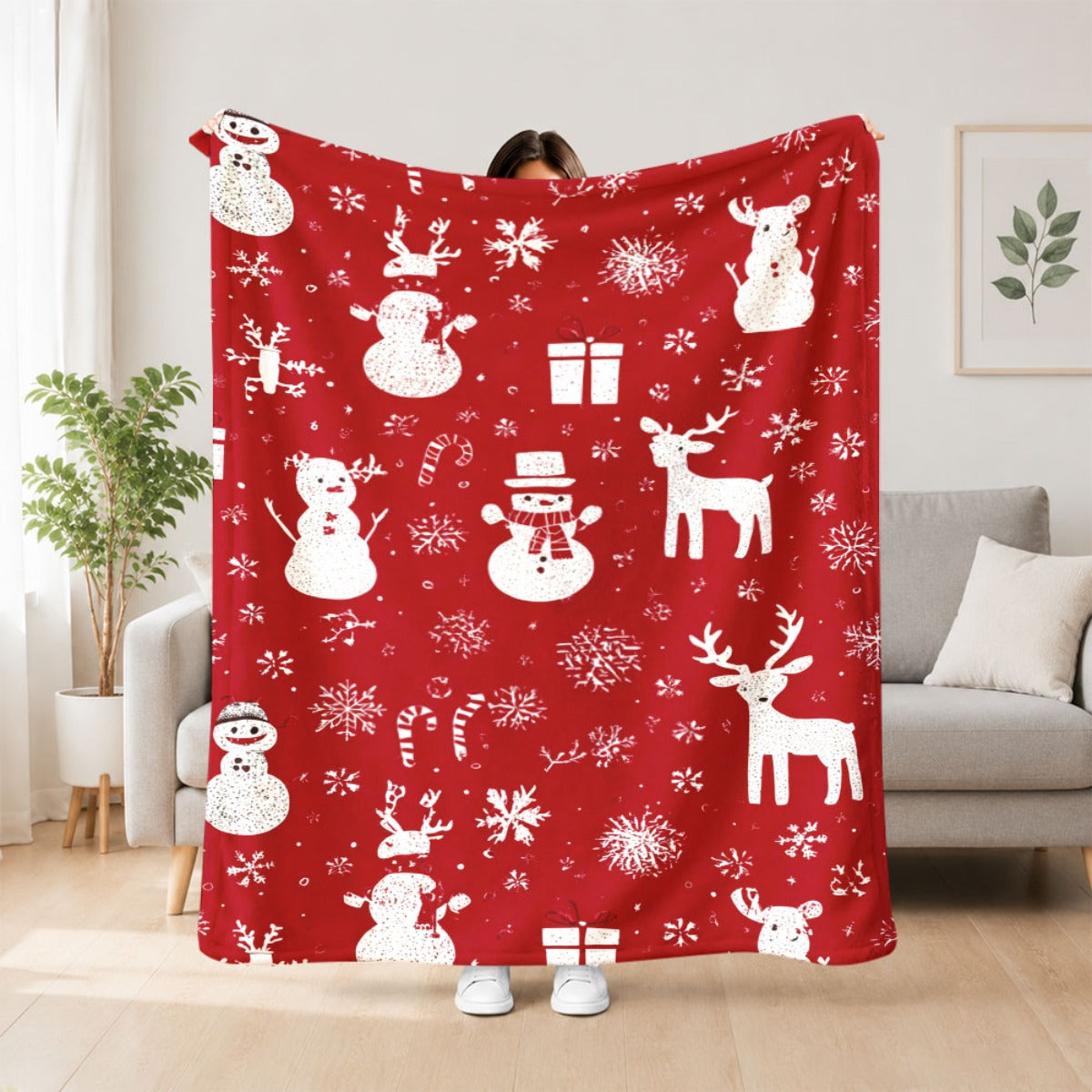 2D Flat Print 1pc, Red Christmas Snowman Reindeer Snowflake Pattern, Lightweight Flannel Hug Blanket, Light and Warm Soft Flannel, Universal in All Seasons, Suitable for Bedroom Cars, Friends Soft Flannel Blanket, Comfortable Flannel Blanket, 2D Flat