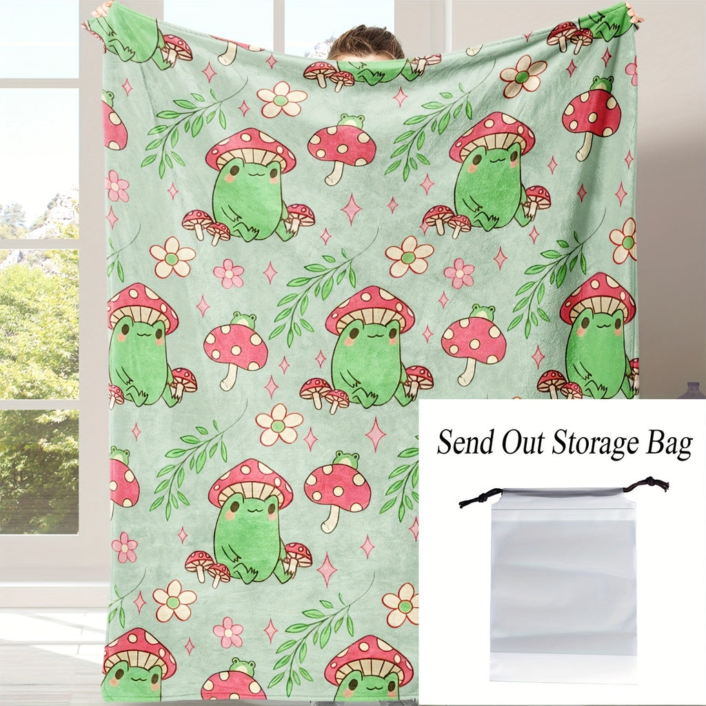 Soft & Cozy Frog & Mushroom Print Flannel Blanket Suitable for Naps, Office, Travel - Cute Frog & Mushroom, Soft Flannel, Compact Portable Cover, Ideal Gift for &