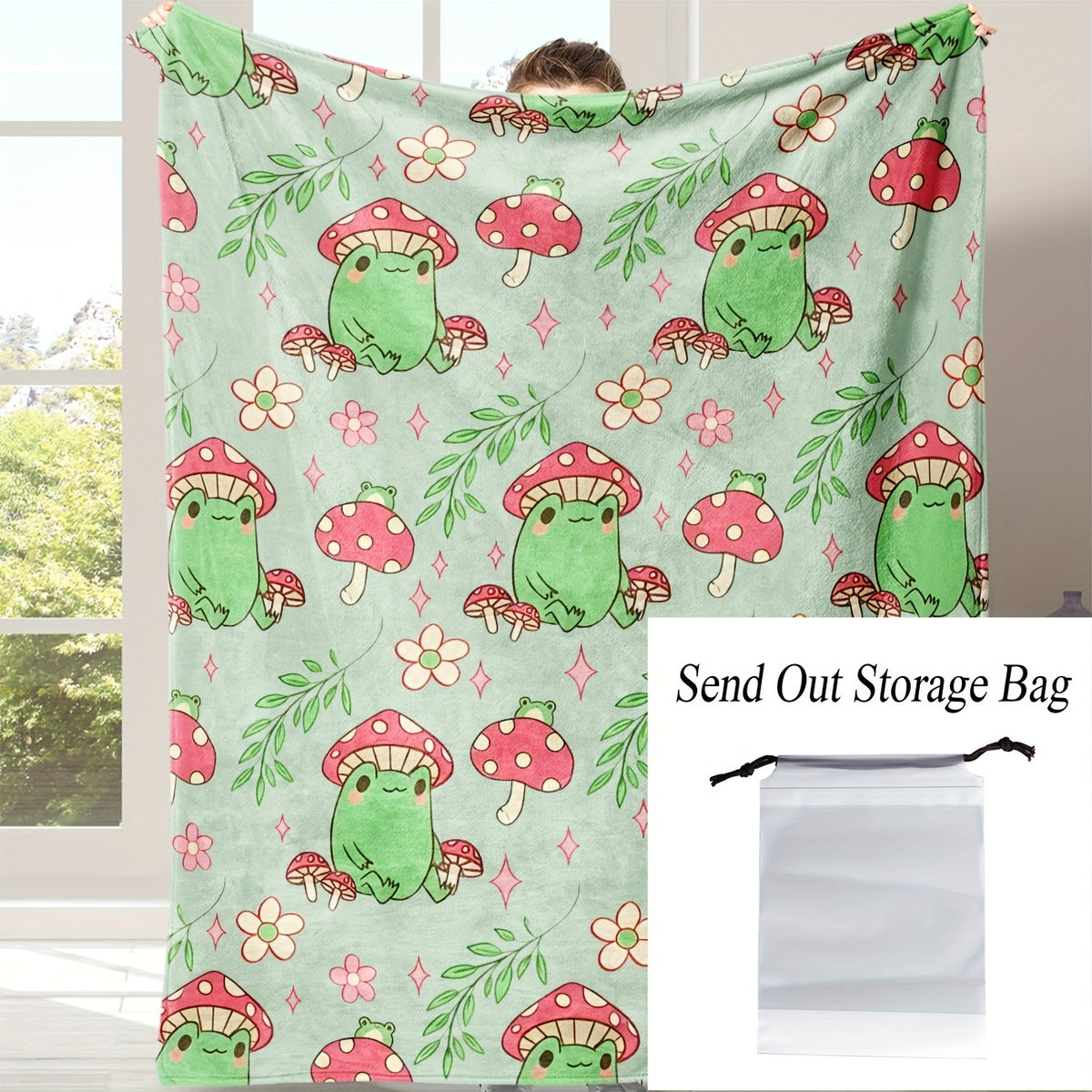 Soft & Cozy Frog & Mushroom Print Flannel Blanket Suitable for Naps, Office, Travel - Cute Frog & Mushroom, Soft Flannel, Compact Portable Cover, Ideal Gift for &