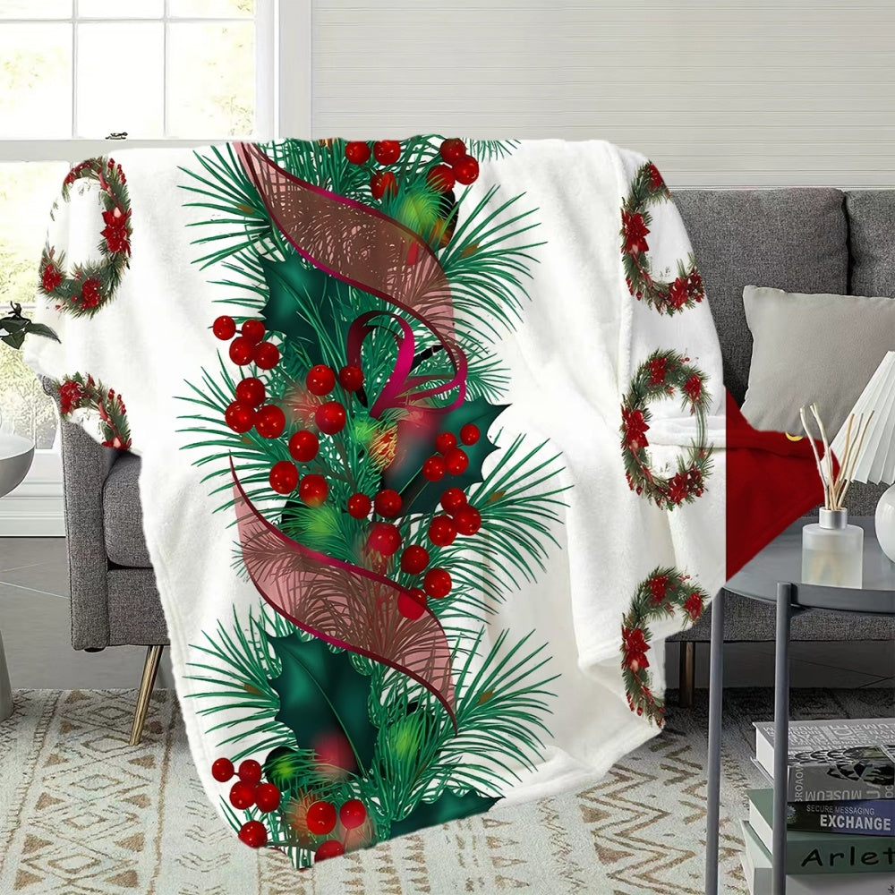 Christmas Festive Red Berries And Pine Bough Wreath Pattern Flannel Blanket, Soft Comfortable Warm, White Background Design, Durable Plush Surface, All-Season Sofa Blanket, Warm Cover, Multiple Sizes Available, Suitable for Living Room Sofa