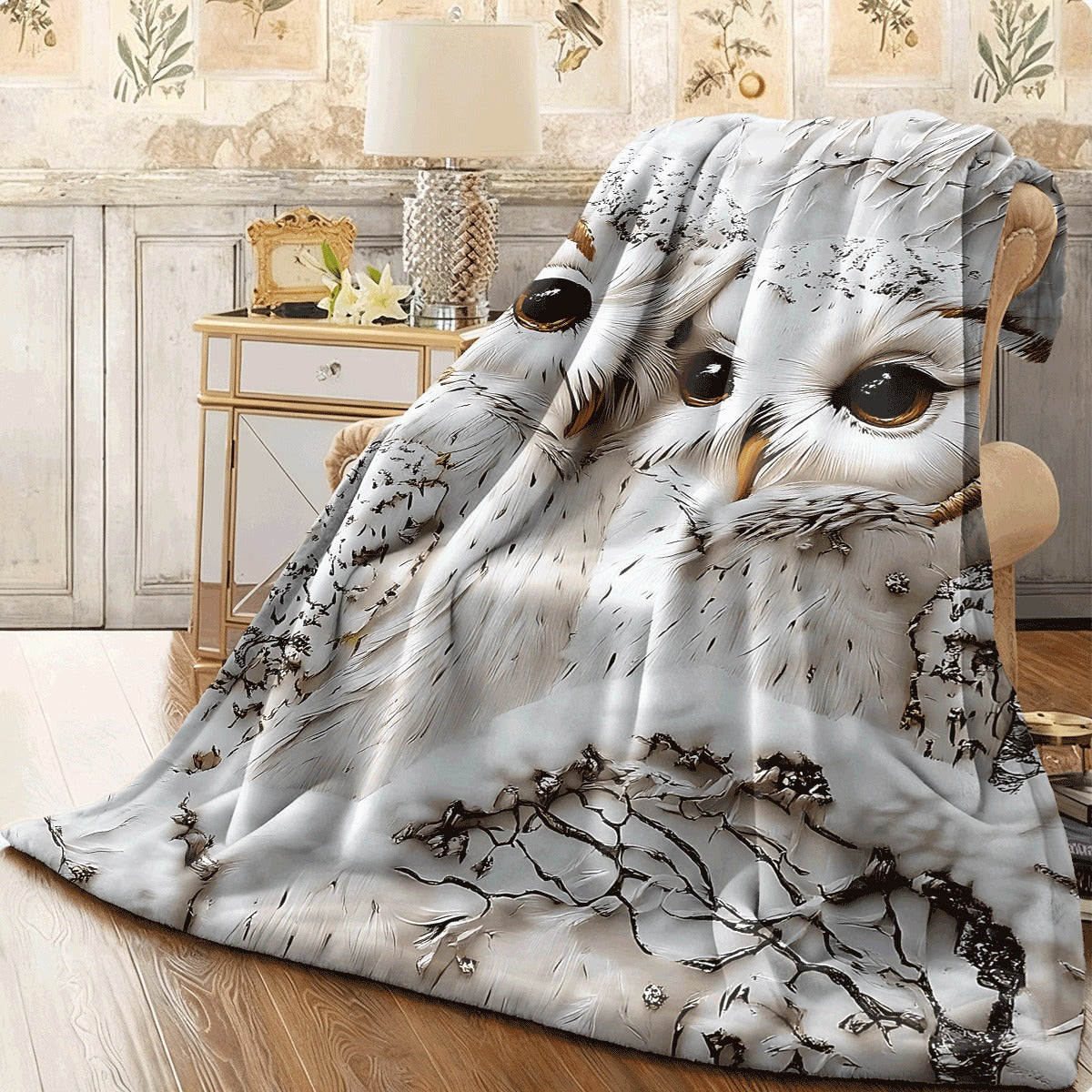 1pc Two Snow Owls in Winter Flannel Blanket Ultra Soft Warm Fleece Throw with Snowy Tree Design Cozy Couch Decor for All Seasons Machine Washable
