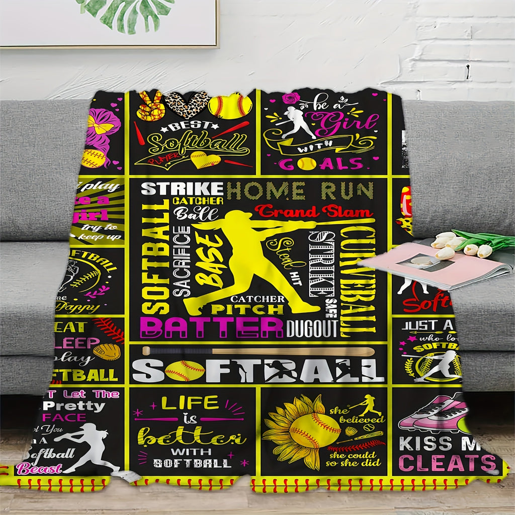 1pc Ultra-Soft & Warm Reversible Flannel Softball Blanket - Cozy Throw for Softball Fans, Perfect Gift for Girls, Boys & Adults - Vibrant Champagne with Playful Softball Designs, Sports Fan Gift | Reversible Blanket | Flannel Fabric