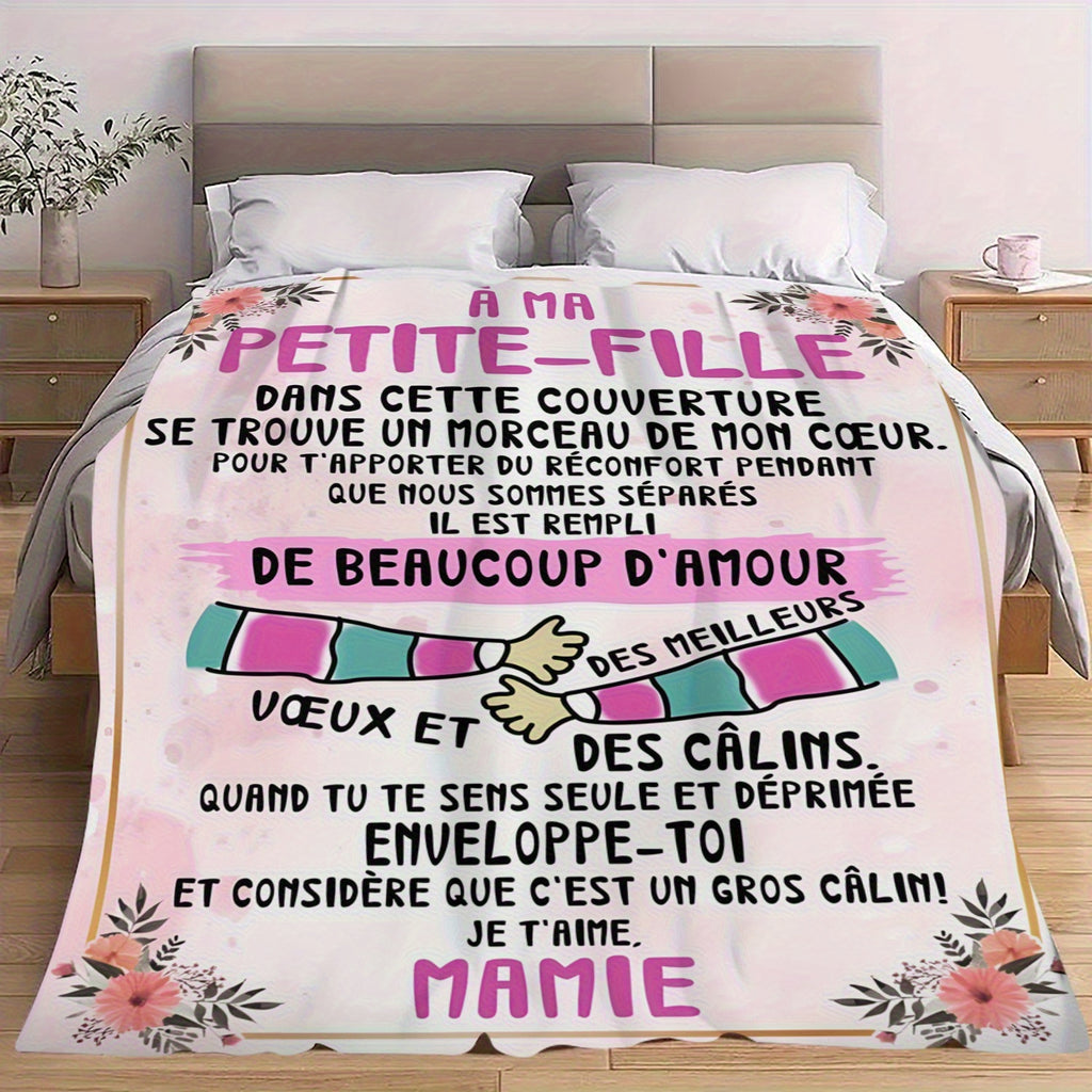 French Granddaughter Gift Blanket - Soft Flannel Shawl, Bilingual "My Little Daughter" Love Blessing, Light Color Floral Pattern, All Season Comfortable Sofa, Blanket, Modern Floral Design, Cute Blanket