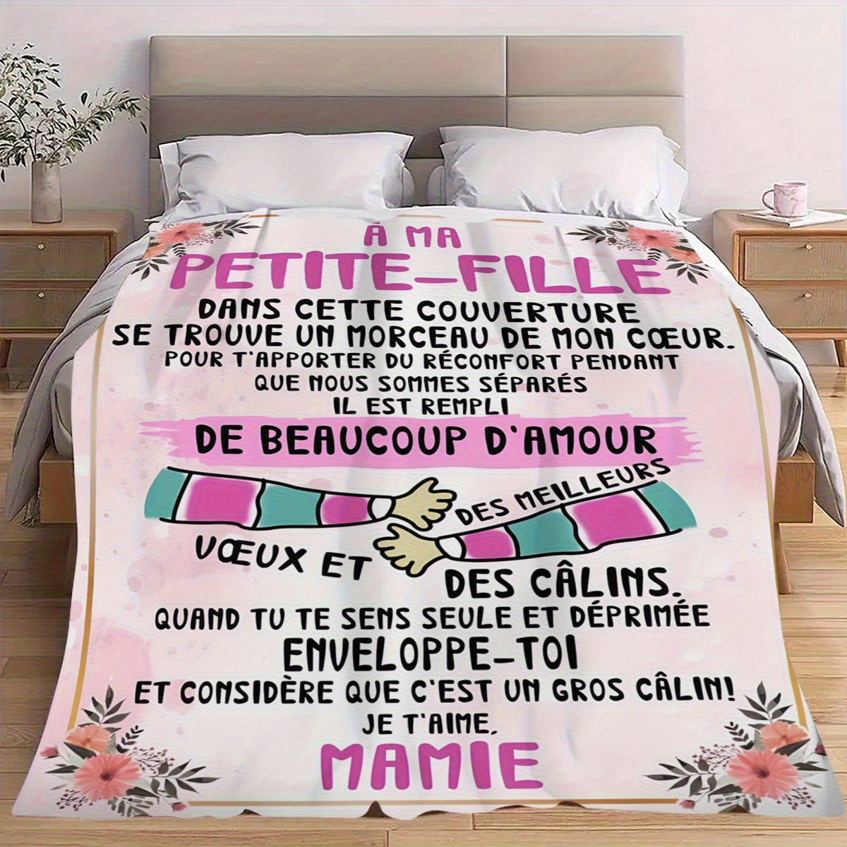 French Granddaughter Gift Blanket - Soft Flannel Shawl, Bilingual "My Little Daughter" Love Blessing, Light Color Floral Pattern, All Season Comfortable Sofa, Blanket, Modern Floral Design, Cute Blanket