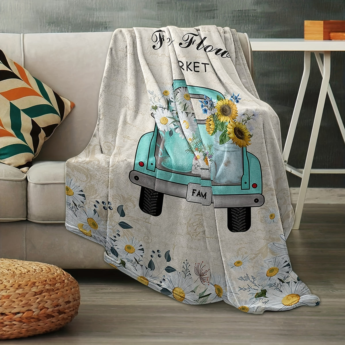 Vintage Blue Green Truck & Daisy Floral Plush Throw Blanket - Soft Warm All-Season Machine Washable Multi-Use for Bed, Sofa, Car, Office, Cozy Home Decor, Throw Blanket for Bed, Sofa Accessory, Rustic Charm, Soft Texture